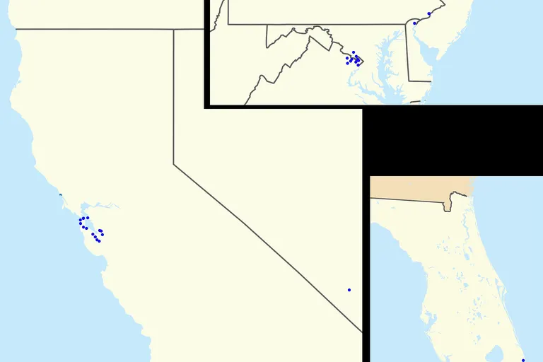 Footprint of HSBC Bank USA branches within the United States . Zip codes with more than one branch have progressively larger points. On the left, the US west coast, on the upper right, the eastern seaboard ( New York state to Washington DC ), the lower right: Florida .