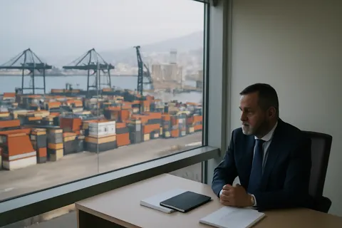 Industrial port worker overlooking bulk-material handling equipment and a cargo vessel.