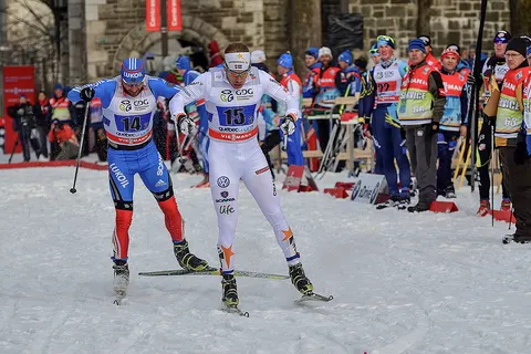 Emil Jönsson (Sweden) and Alexey Petukhov (Russia) at the Quebec City Sprint Cross-country Skiing World Cup 2012–2013 . Free Team Sprint Final.