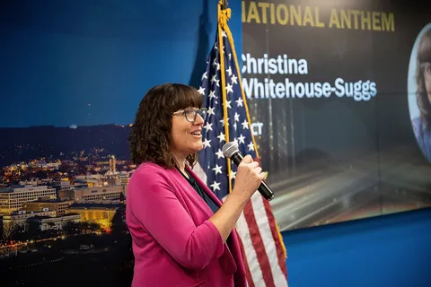 ARLINGTON, VIRGINIA (April 25, 2024) The Department of Homeland Security, Senior Official Performing the Duties of the Deputy Secretary, Kristie Canegallo, gives opening remarks and presents awards alongside Cybersecurity and Infrastructure Security Agency (CISA) Director, Jen Easterly, during CISA’s annual award ceremony at CISA’s Executive Briefing Facility in Arlington, Virginia. (DHS photo by Lameen Witter)