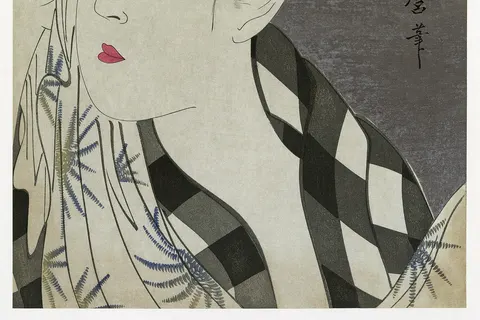 Ase o fuku onna (Woman wiping sweat). Print shows a head-and-shoulders portrait of a young woman wiping her face. 1 print : woodcut, color. Note: The Japanese script on the work says 歌麿筆 (Utamaro hitsu) , which is the signature of the artist. [ 1 ] ↑ [1]
