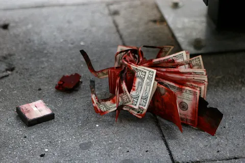 Aftermath of a Bank of America robbery. The dye pack exploded and the stack of 20s were abandoned on the sidewalk. Bank of America 888 W 7th St Los Angeles, CA 90012