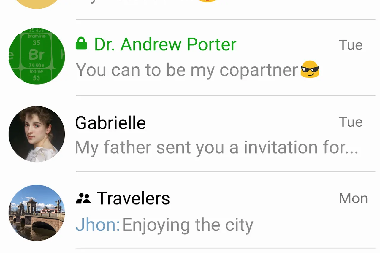 Captura de pantalla de Telegram para Android. Esta versión ha sido parcialmente vectorizado y derivado de File:Telegram Android screenshot v3.3.svg . TiligramContiene texto basado en la fuente Roboto para realizar escalas, Emojis del proyecto Noto e imágenes de Wikimedia Commons.