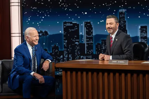 President Joe Biden tapes an appearance on “Jimmy Kimmel Live!”, Wednesday, June 8, 2022, at El Capitan Theatre in Los Angeles.