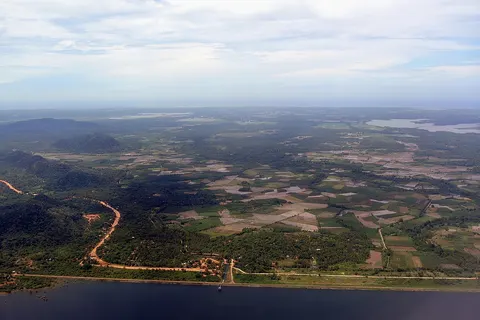 Aerial view of the Ridiyagama Dam and Southern Province in Sri Lanka, from above Ridiyagama towards southeast.