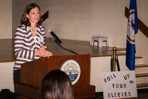 Elaine Luria, Democratic candidate for Virginia's Second Congressional District speaks at a June 2018 rally in Williamsburg. Ms. Luria is a small business owner and a retired U.S. Navy officer. Update: Retired Commander Luria was in fact elected to the U.S. Congress in the November 2018 elections and will be sworn in as a U.S. Congresswoman in January 2019.