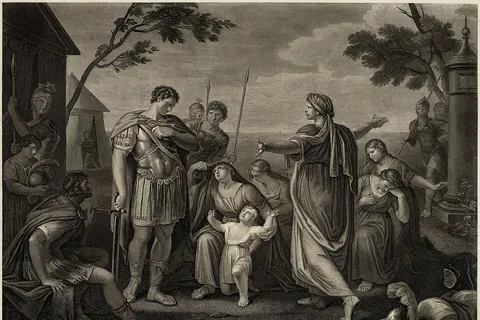 Act V Scene 3 of Shakespeare's Coriolanus: V OLUMNIA Say my request's unjust, And spurn me back: but if it be not so, Thou art not honest; and the gods will plague thee, That thou restrain'st from me the duty which To a mother's part belongs.—He turns away: Down, ladies: let us shame him with our knees. To his surname Coriolanus 'longs more pride Than pity to our prayers. Down: an end; This is the last.—So we will home to Rome, And die among our neighbours.—Nay, behold's: This boy, that cannot tell what he would have But kneels and holds up hands for fellowship, Does reason our petition with more strength Than thou hast to deny't.—Come, let us go.