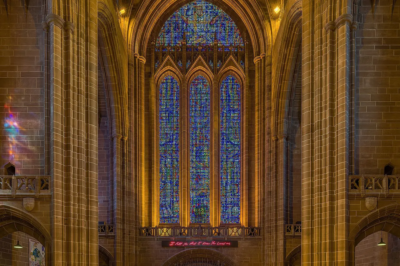 The west window of Liverpool Anglican Cathedral in Liverpool, England.