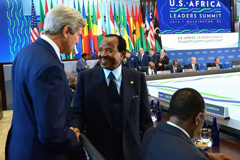U.S. Secretary of State John Kerry greets Cameroon's President Paul Biya before the start of the U.S.-Africa Leaders Summit Session One on “Investing in Africa’s Future,” at the U.S. Department of State for the final day of the U.S.-Africa Summit in Washington, D.C., on August 6, 2014.