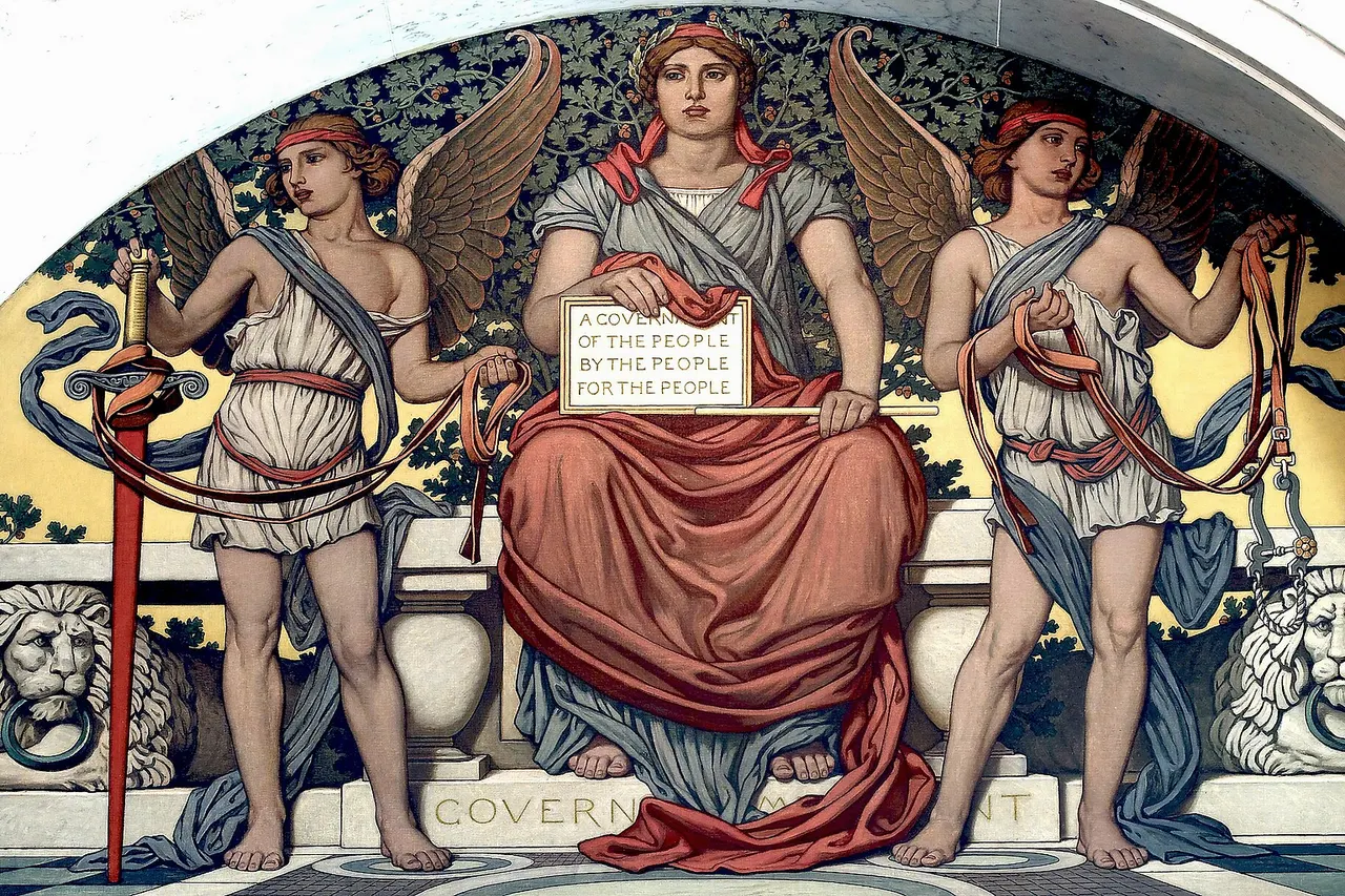 Detail from Government . Mural by Elihu Vedder. Lobby to Main Reading Room, Library of Congress Thomas Jefferson Building, Washington, D.C. Main figure is seated atop a pedestal saying "GOVERNMENT" and holding a tablet saying "A GOVERNMENT / OF THE PEOPLE / BY THE PEOPLE / FOR THE PEOPLE". Artist's signature is "ELIHU VEDDER / ROMA–1896".