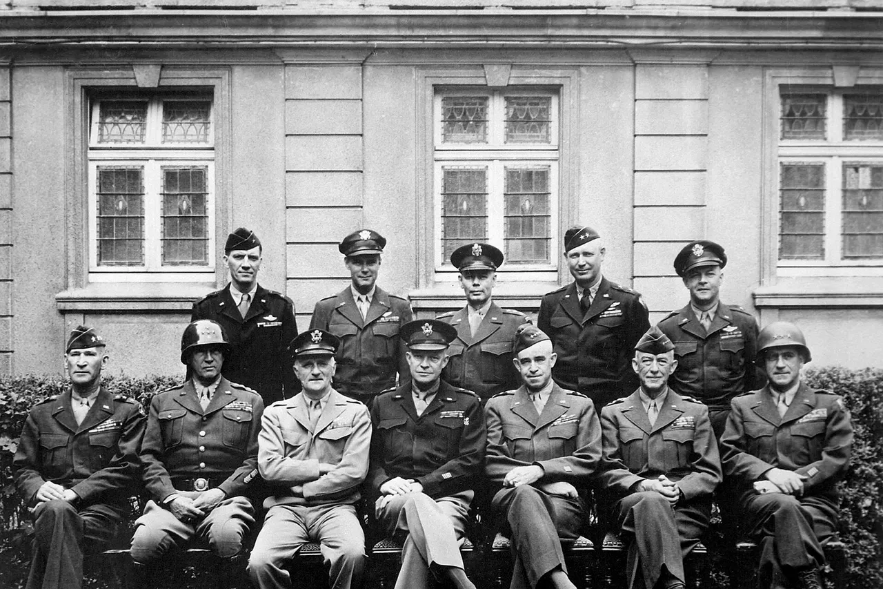 Senior American commanders of the European theater of World War II . Seated are (from left to right) Gens. William H. Simpson , George S. Patton , Carl A. Spaatz , Dwight D. Eisenhower , Omar Bradley , Courtney H. Hodges , and Leonard T. Gerow ; standing are (from left to right) Gens. Ralph F. Stearley , Hoyt Vandenberg , Walter Bedell Smith , Otto P. Weyland , and Richard E. Nugent .