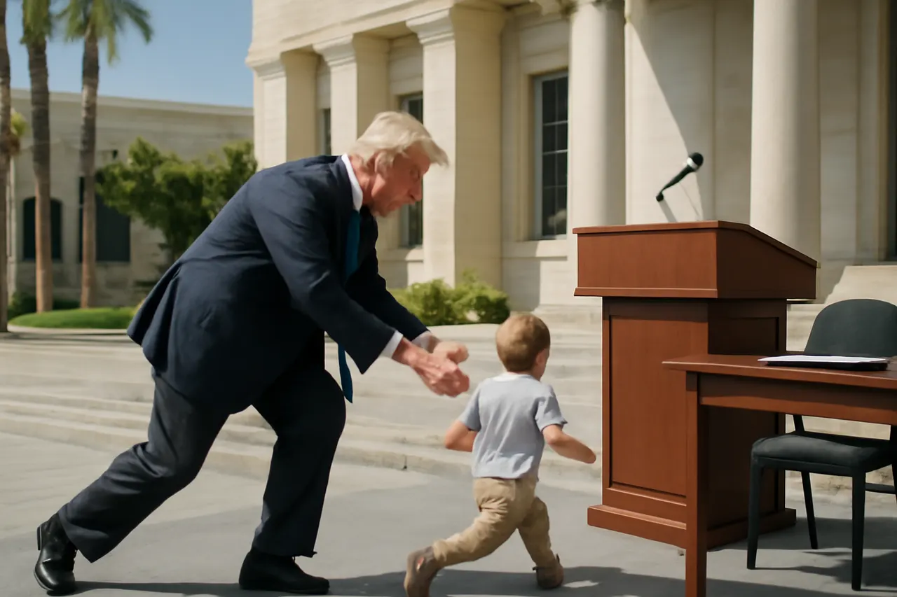 Grounded editorial scene illustrating At a Nevada event, President Donald Trump stopped a toddler from wandering off stage and highlighted his administration's tax policies benefiting a local family.