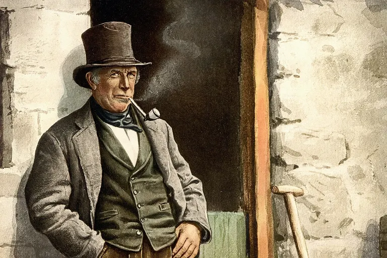 Male Irish peasant farmer, standing in doorway, smoking a pipe. photochrom, color.