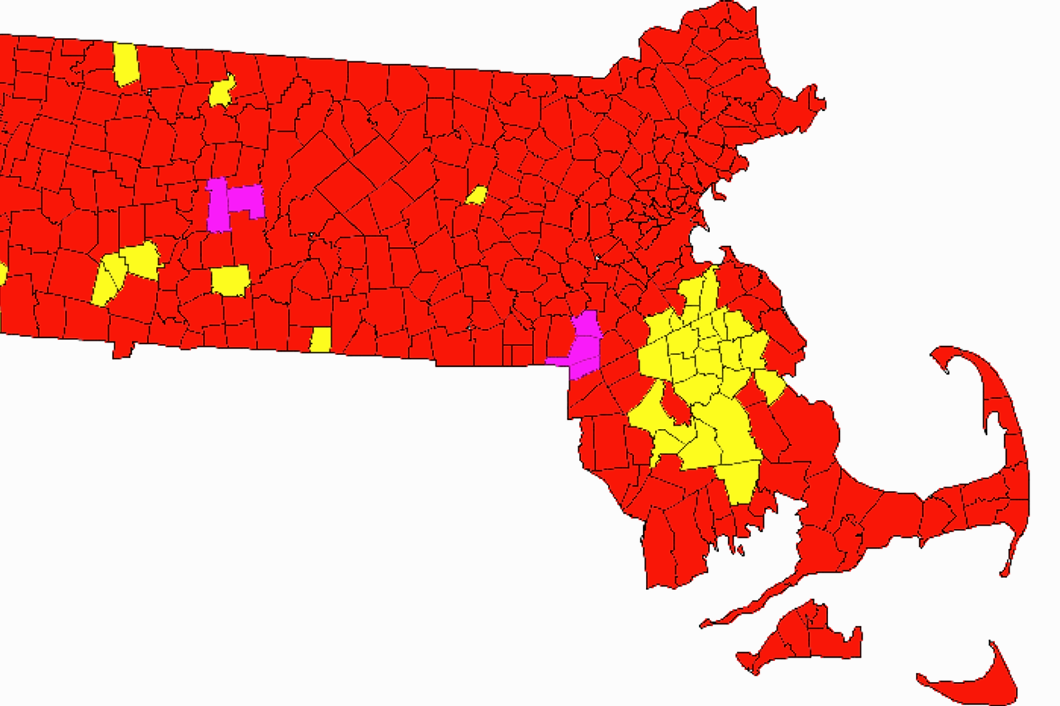 Results of the 2013 United States Special Senate election Republican primary in Massachusetts. Towns in red won by Gabriel Gomez, yellow by Michael Sullivan, purple won by Daniel Winslow. Source: http://www.boston.com/news/special/politics/2013/senate-primary/mass-us-senate-gop-primary-results-2013.html