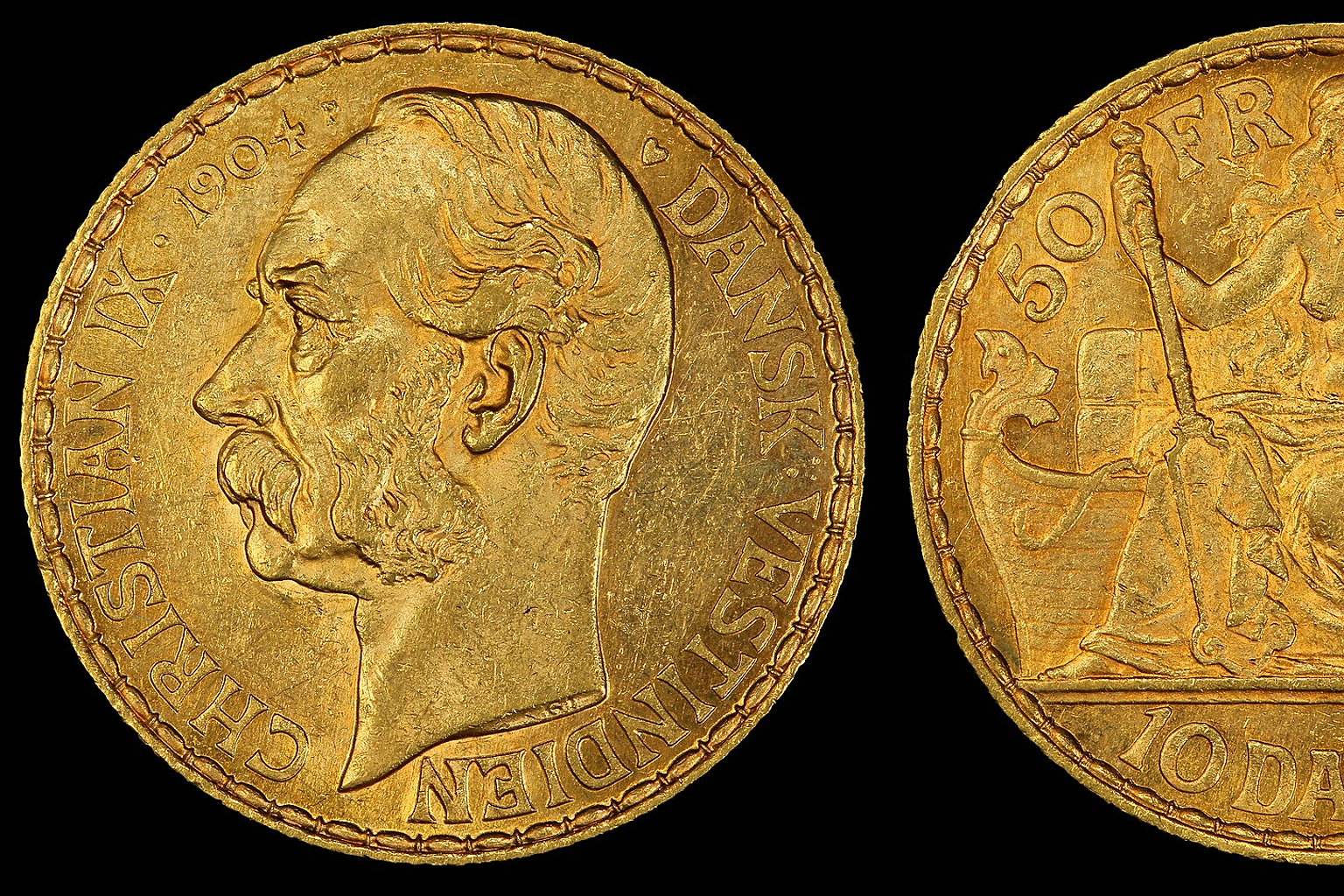 Danish West Indian 10 daler gold coin (1904) depicting Christian IX of Denmark . Only year of issue for the denomination (10 daler/50 Francs), only 2,005 were struck.