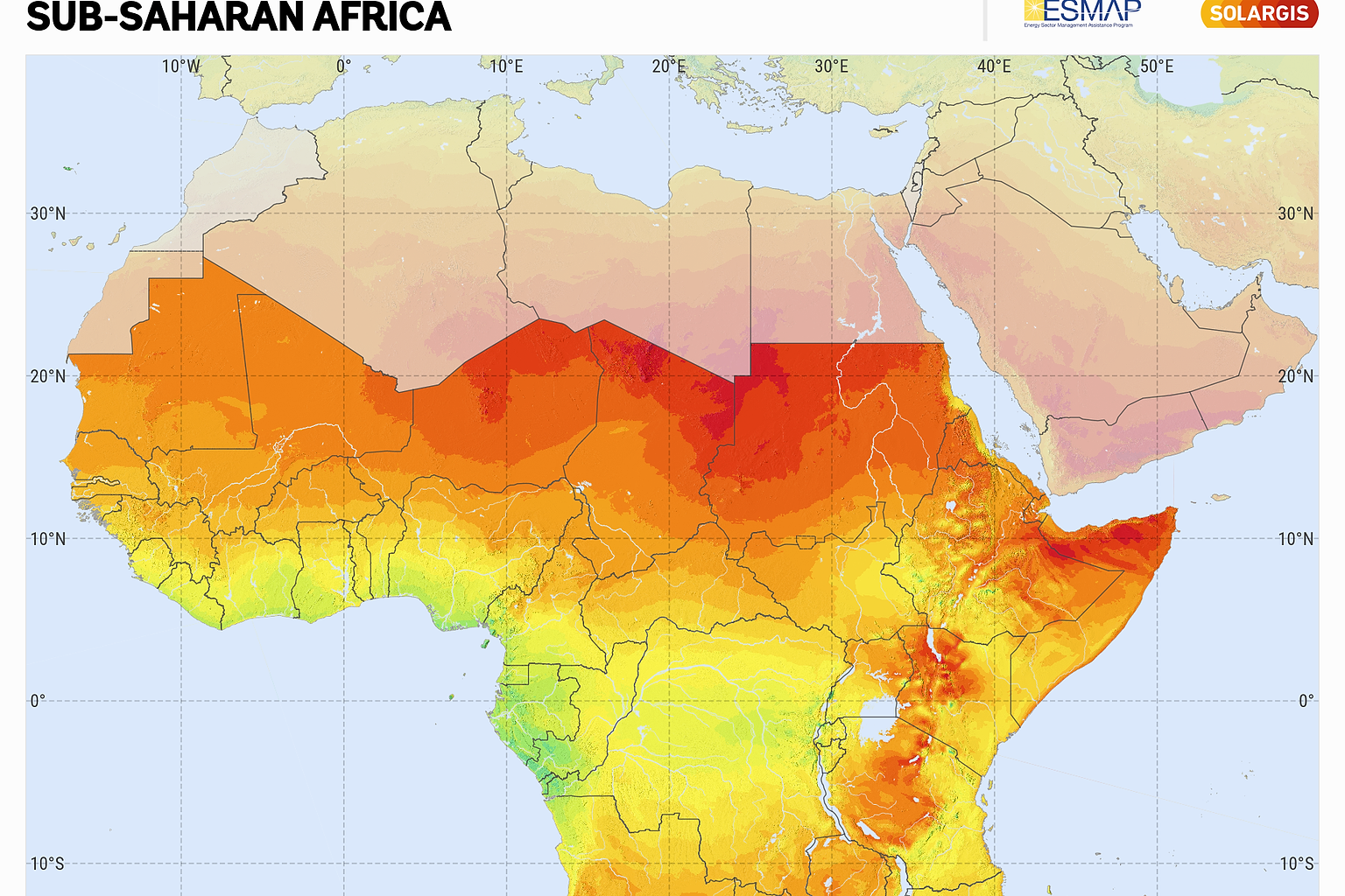 Solar resource: GLOBAL HORIZONTAL IRRADIATION (GHI) - this map provides a summary of the estimated solar energy available for power generation and other energy applications. It represents the long-term average of daily/yearly totals of global horizontal irradiation (GHI). The underlying solar resource database is calculated by the Solargis model from atmospheric and satellite data with 15- or 30-minute time step. The effects of terrain are considered at nominal spatial resolution of 250 m. GHI is the most important parameter for energy yield calculation and performance assessment of flat-plate photovoltaic (PV) technologies. Further details available at: https://globalsolaratlas.info .