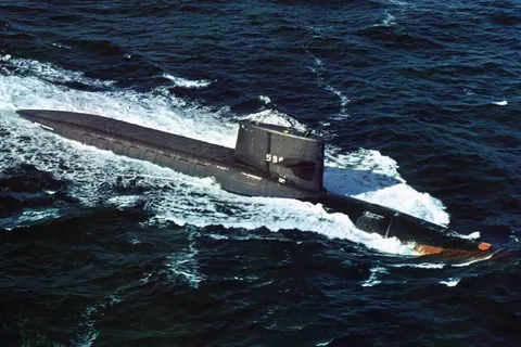 The U.S. Navy ballistic missile submarine USS George Washington (SSBN-598) underway, circa in the 1970s.