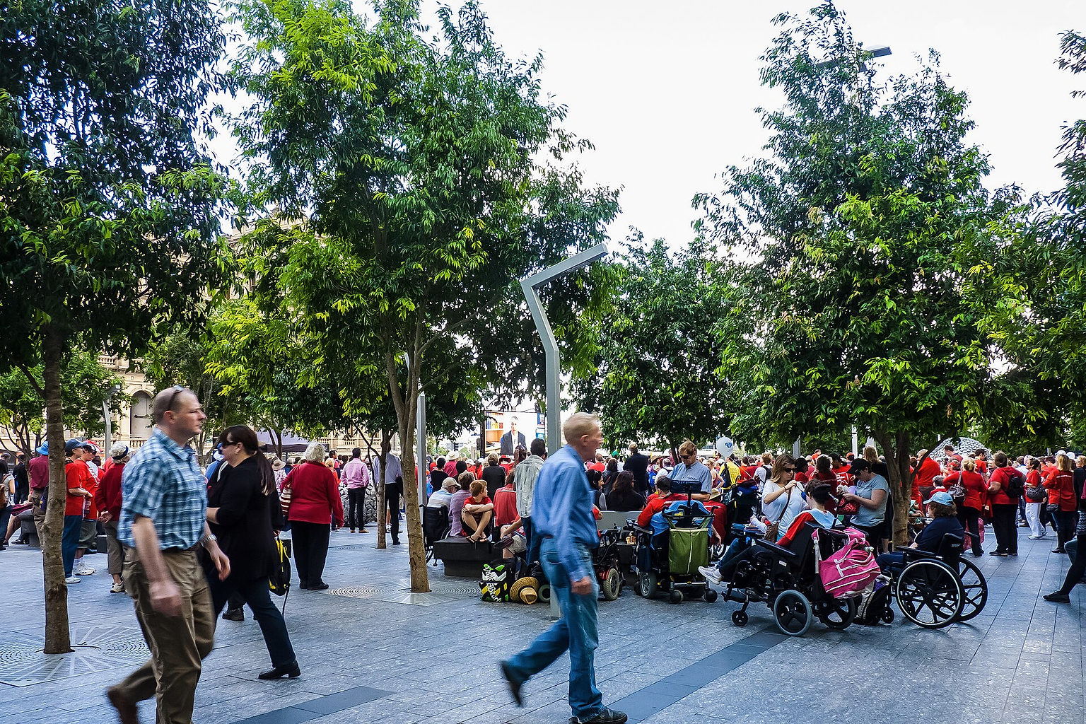 A rally calling on the Australian Commonwealth government to implement a National Disability Insurance Scheme was held in Reddacliff Place in 2012.