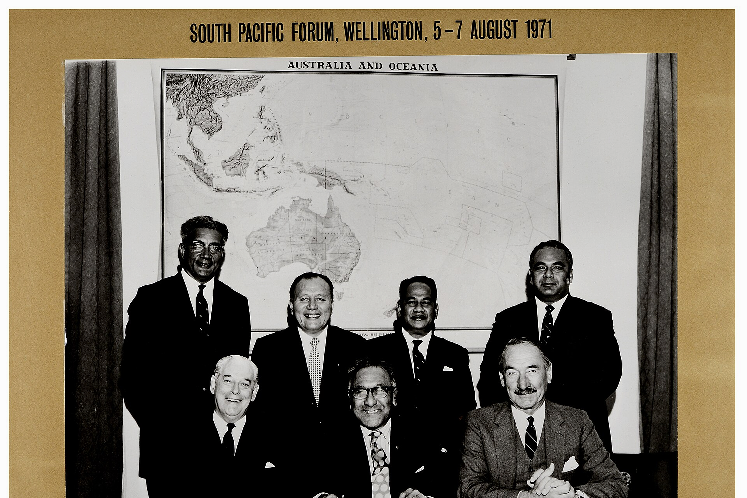 On August 5 1971 the first meeting of the South Pacific Forum took place in Wellington. The first meeting of the South Pacific Forum was initiated by New Zealand and held in Wellington, with attendants of seven countries including the President of Nauru, the Prime Ministers of Western Samoa, Tonga and Fiji, the Premier of the Cook Islands, the Australian Minister for External Territories, and the Prime Minister of New Zealand. It was a private and informal discussion of a wide range of issues of common concern, concentrating on matters directly affecting the daily lives of the people of the islands of the South Pacific, devoting particular attention to trade, shipping, tourism, and education. Afterwards this meeting was held annually in member countries and areas in turn. In 1999, the 30th South Pacific Forum decided to transform into Pacific Islands Forum, with a more extensive and formal way of discussion and organization. This image shown here from the meeting in Wellington is from a Miscellaneous collection of images Archives New Zealand holds. Reference: ACHU 19290 MISC30 8/26 archway.archives.govt.nz/ViewFullItem.do?code=22311835 For further enquiries please email Research.Archives@dia.govt.nz For updates on our On This Day series and news from Archives New Zealand, follow us on Twitter www.twitter.com/ArchivesNZ Material from Archives New Zealand