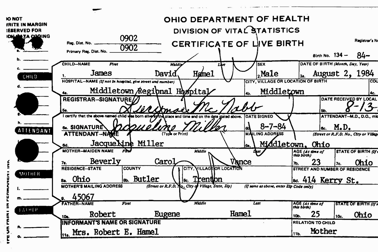 This is the birth certificate of U.S. Senator and vice president elect, J. D. Vance.