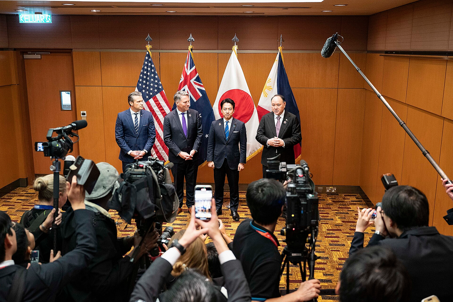 U.S. Secretary of War Pete Hegseth meets with Australian Deputy Prime Minister and Minister of Defence Richard Marles, Japanese Minister of Defense is Shinjirō Koizumi and Secretary of National Defense of the Republic of the Philippines Gilbert Teodoro Jr. at the 12th ASEAN Defence Ministers’ Meeting-Plus in Kuala Lumpur, Malaysia, Nov. 1, 2025. ADMM+ is an annual high-level ASEAN engagement that promotes regional peace and stability through dialogue and defense cooperation. USINDOPACOM is committed to enhancing stability in the Indo-Pacific region by promoting security cooperation, encouraging peaceful development, responding to contingencies, deterring aggression and, when necessary, prevailing in conflict. (U.S. Navy photo by Mass Communication Specialist 1st Class John Bellino)