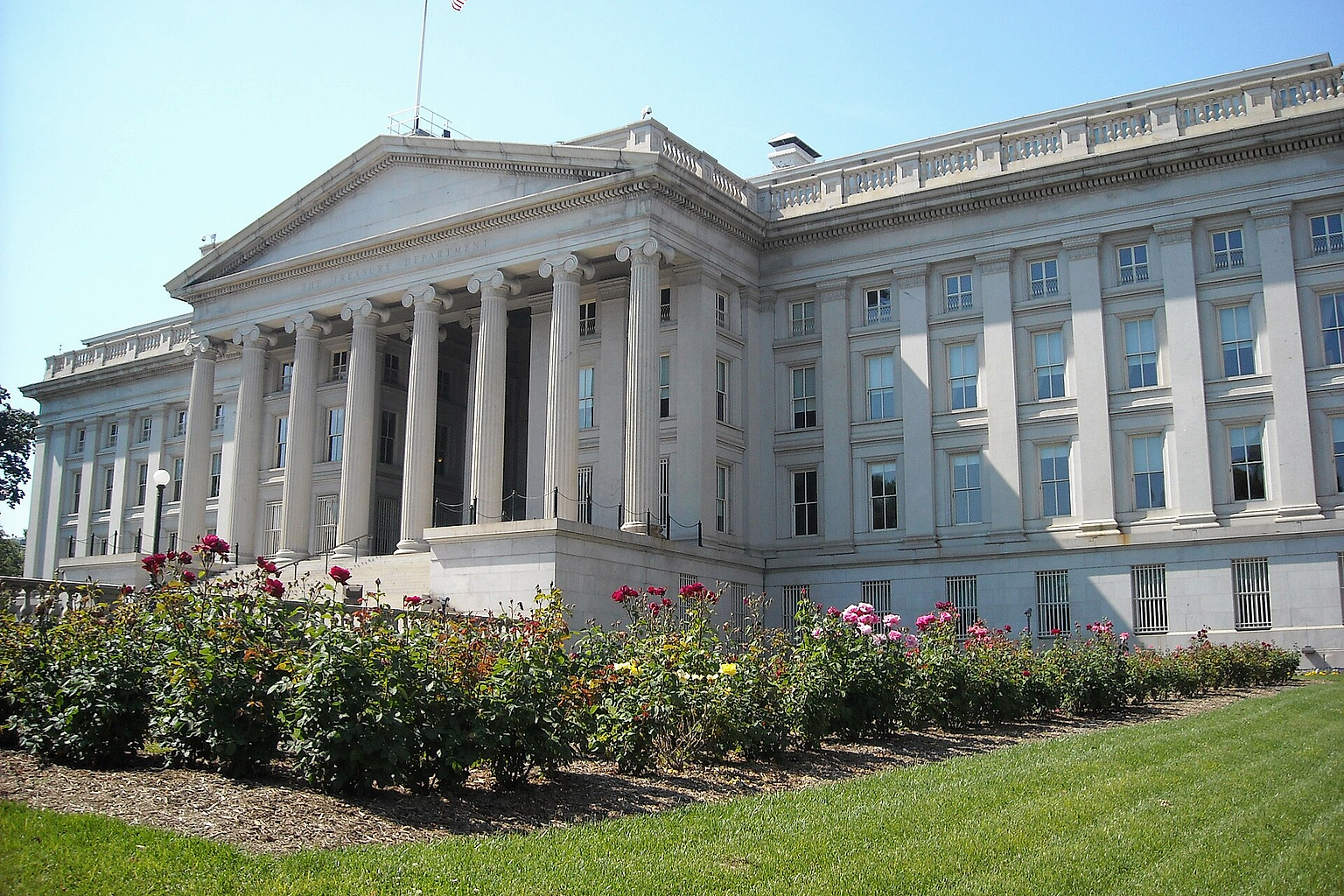 Rear view of the Treasury Department building in Washington, D.C. The building is a National Historic Landmark.