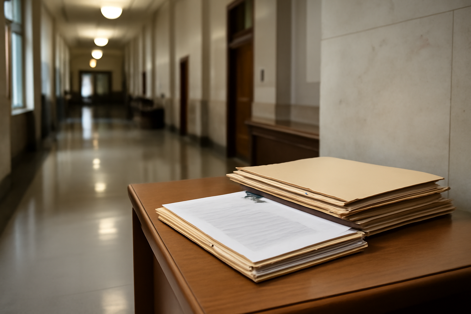 Quiet courthouse or legal-work setting with documents and civic architecture.