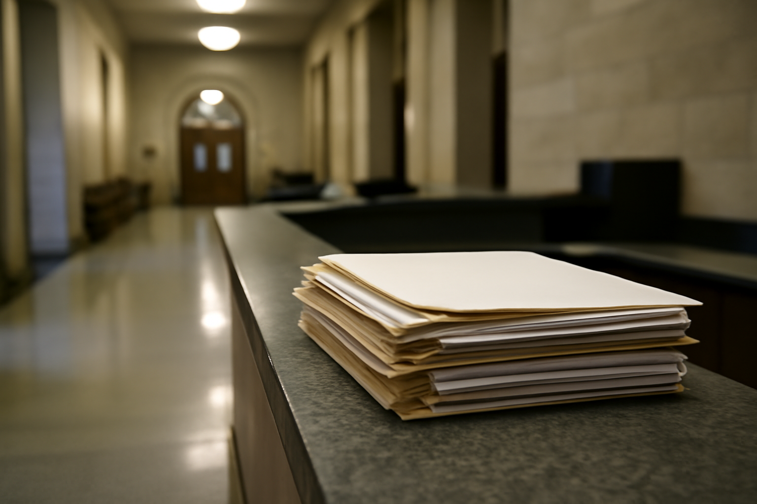 Quiet courthouse or legal-work setting with documents and civic architecture.
