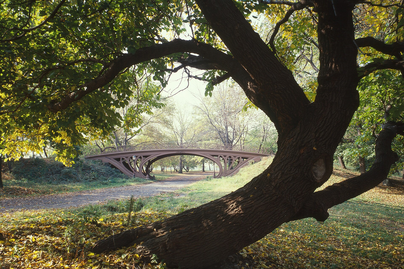 Central Park Bridges (view from Bridlepath looking southwest), Gothic Arch, Spanning bridlepath south of tennis courts, north of reservoir, New York City, New York County, NY