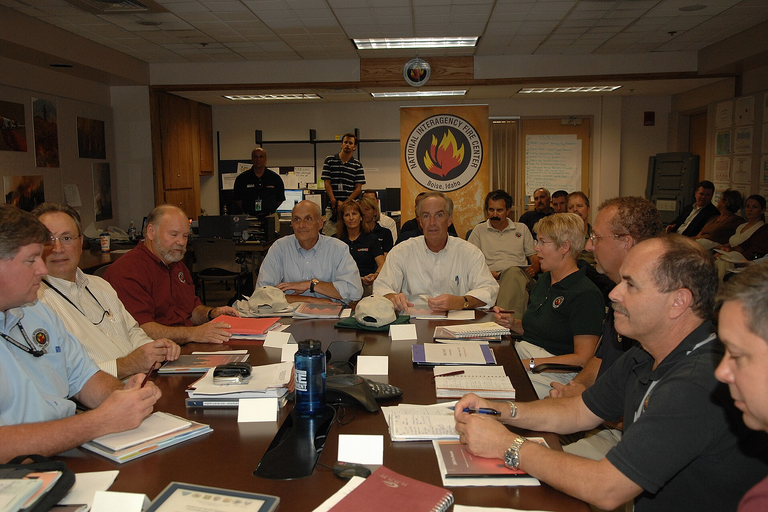 Complete assignment is listed as: Subject: Visit of Secretary Dirk Kempthorne to the National Interagency Fire Center in Boise, Idaho, [where he joined Homeland Security Secretary Michael Chertoff, Idaho Lieutenant Governor Jim Risch, and other officials for meetings, tours of the facility and surrounding area, and press conference on fire season preparations] Photographer: Tami Heilemann--Interior Staff