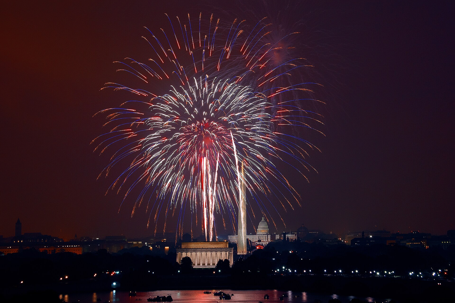 July 4th fireworks, Washington, D.C. 2008 July 4. 1 photograph : digital, TIFF file, color. Washington, D.C., is a spectacular place to celebrate July 4th! The National Mall, with Washington D.C.'s monuments and the U.S. Capitol in the background, forms a beautiful and patriotic backdrop to America's Independence Day celebrations. Credit line: Carol M. Highsmith's America, Library of Congress, Prints and Photographs Division. Rights Info: No known restrictions on publication. Repository: Library of Congress, Prints and Photographs Division, Washington, D.C. 20540 USA, hdl.loc.gov/loc.pnp/pp.print More information about the Highsmith Collection is available at hdl.loc.gov/loc.pnp/pp.highsm Call Number: LC-DIG-highsm- 04694