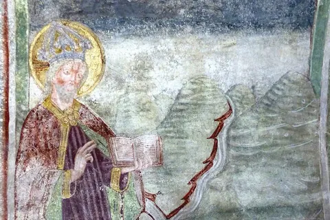 Hrastovlje ( Slovenia ). Holy Trinity church - Fresco ( 1475 ) by John of Kastv showing scenes of the book of Genesis: God separates Water from Land.