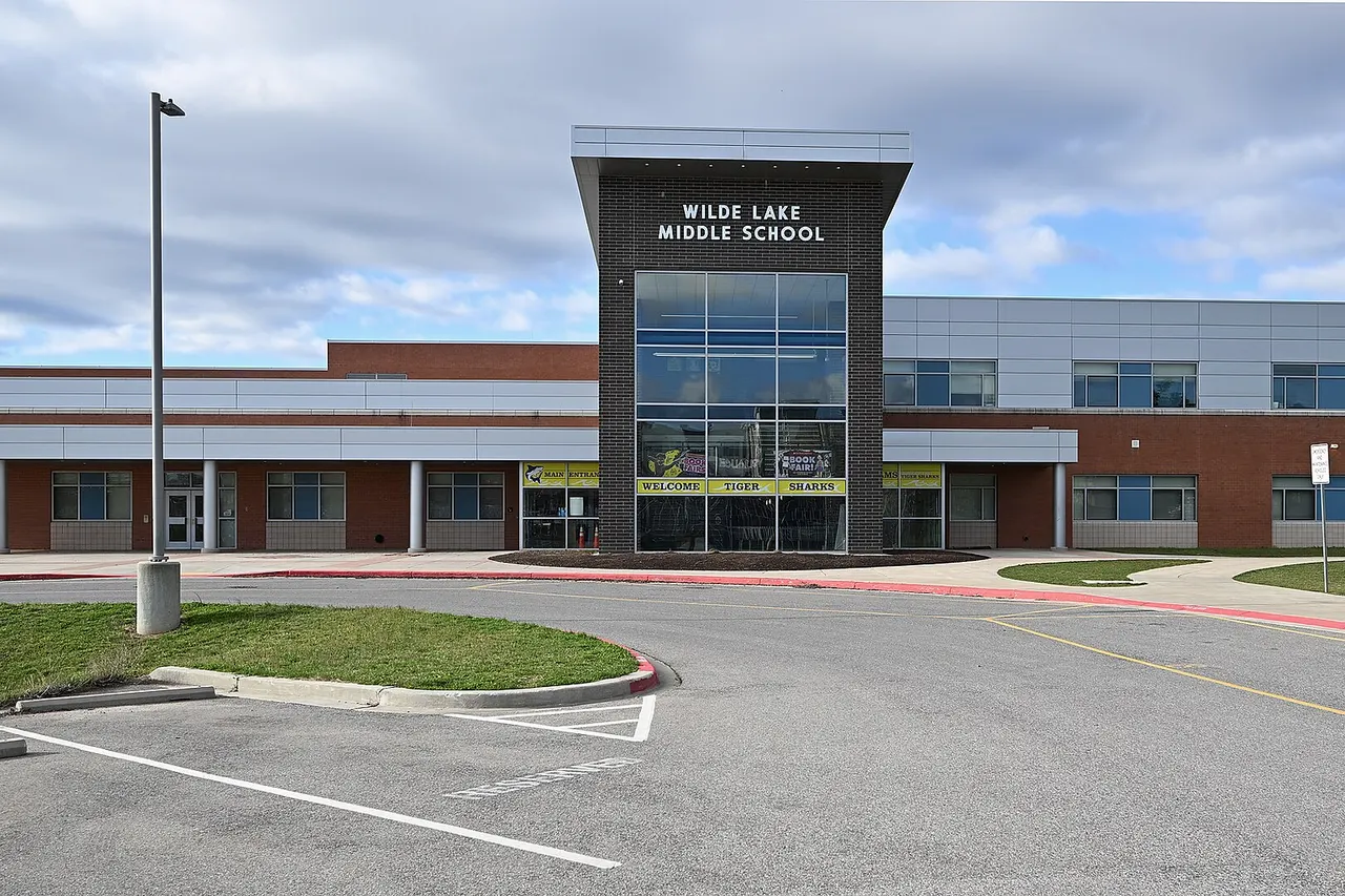 The entrance to Wilde Lake Middle School, part of the Howard County Public School System. 10481 Cross Fox Lane, Columbia, Maryland 21044.
