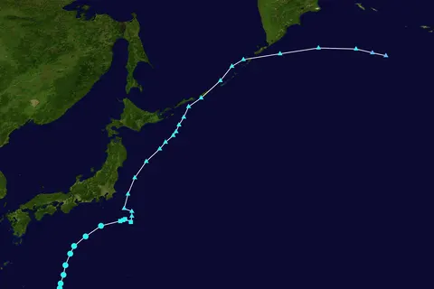 Track map of Severe Tropical Storm Dolphin of the 2020 Pacific typhoon season . The points show the location of the storm at 6-hour intervals. The colour represents the storm's maximum sustained wind speeds as classified in the (see below), and the shape of the data points represent the nature of the storm, according to the legend below. Saffir–Simpson scale Tropical depression (≤38 mph, ≤62 km/h) Tropical storm (39–73 mph, 63–118 km/h) Category 1 (74–95 mph, 119–153 km/h) Category 2 (96–110 mph, 154–177 km/h) Category 3 (111–129 mph, 178–208 km/h) Category 4 (130–156 mph, 209–251 km/h) Category 5 (≥157 mph, ≥252 km/h) Unknown Storm type Tropical cyclone Subtropical cyclone Extratropical cyclone / Remnant low / Tropical disturbance / Monsoon depression