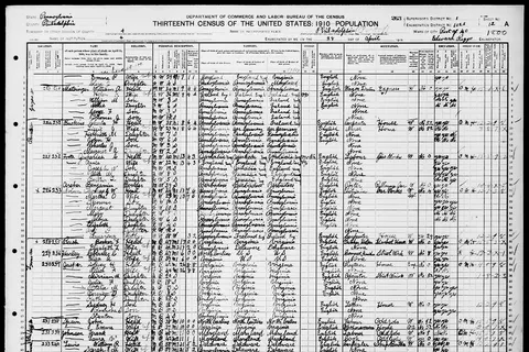 Surname, Given Name; Family Number; Age; Birth Year; Place of Birth Abaraham, Emma P; 230; 29; 1881; Maryland Abaraham, Clara J; 230; 4; 1906; Pennsylvania Matsinger, William A; 231; 34; 1876; Pennsylvania Matsinger, Helen K; 231; 36; 1874; Ireland Matsinger, William M; 231; 8; 1902; Pennsylvania Matsinger, Nellie; 231; 6; 1904; Pennsylvania Matsinger, George F; 231; 3; 1907; Pennsylvania Matsinger, Thomas J; 231; 1; 1909; Pennsylvania Buckins, Charles H; 232; 38; 1872; Pennsylvania Buckins, Lizzie J; 232; 23; 1887; Pennsylvania Buckins, Henrietta M; 232; 7; 1903; Pennsylvania Buckins, John H; 232; 6; 1904; Pennsylvania Buckins, Charles J; 232; 3; 1907; Pennsylvania Buckins, Margaret A; 232; 2; 1908; Pennsylvania Foote, Zachariah C; 232; 40; 1870; Jamaica Foote, Annie; 232; 32; 1878; England Foote, Joseph N; 232; 12; 1898; Pennsylvania Foote, Alice M; 232; 8; 1902; Pennsylvania Foote, Bertha L; 232; 5; 1905; Pennsylvania Archer, Benjamin; 232; 39; 1871; West Indies Nolan, Thomas G W; 233; 34; 1876; Pennsylvania Nolan, Martha O; 233; 29; 1881; Pennsylvania Nolan, Thomas; 233; 12; 1898; Pennsylvania Nolan, Margaret; 233; 10; 1900; Pennsylvania Nolan, Mary; 233; 8; 1902; Pennsylvania Nolan, Clara; 233; 6; 1904; Pennsylvania Nolan, Elizabeth; 233; 4; 1906; Pennsylvania Nolan, Any I; 233; 0; 1910; Pennsylvania Nolan, Lauarence; 233; 58; 1852; Pennsylvania Bush, Booker F; 235; 47; 1863; Virginia Bush, Elizabeth L; 235; 42; 1868; Pennsylvania Harley, Charles C; 236; 47; 1863; North Carolina Harley, Eliza A; 236; 39; 1871; Virginia Jasper, Sidney H; 237; 42; 1868; Virginia Jasper, Alice F; 237; 40; 1870; Virginia Jasper, Mirrian M; 237; 20; 1890; Virginia Jasper, Julia F; 237; 18; 1892; Virginia Jasper, Otelia M; 237; 13; 1897; Virginia Jasper, Bernieze D; 237; 8; 1902; Virginia Jasper, Ruth G; 237; 1; 1909; Pennsylvania Jasper, Sydney H; 237; 16; 1894; Virginia Jasper, Roanoke S; 237; 10; 1900; Virginia Jasper, Stanton; 237; 4; 1906; Pennsylvania Spain, John; 238; 38; 1872; North Carolina Spain, Emma; 238; 37; 1873; Virginia Johnson, Frank; 239; 48; 1862; Maryland Johnson, Laura V; 239; 42; 1868; Maryland Lewis, William R; 240; 58; 1852; Delaware Lewis, Sarah E M; 240; 59; 1851; Pennsylvania Lewis, James M; 240; 29; 1881; Pennsylvania