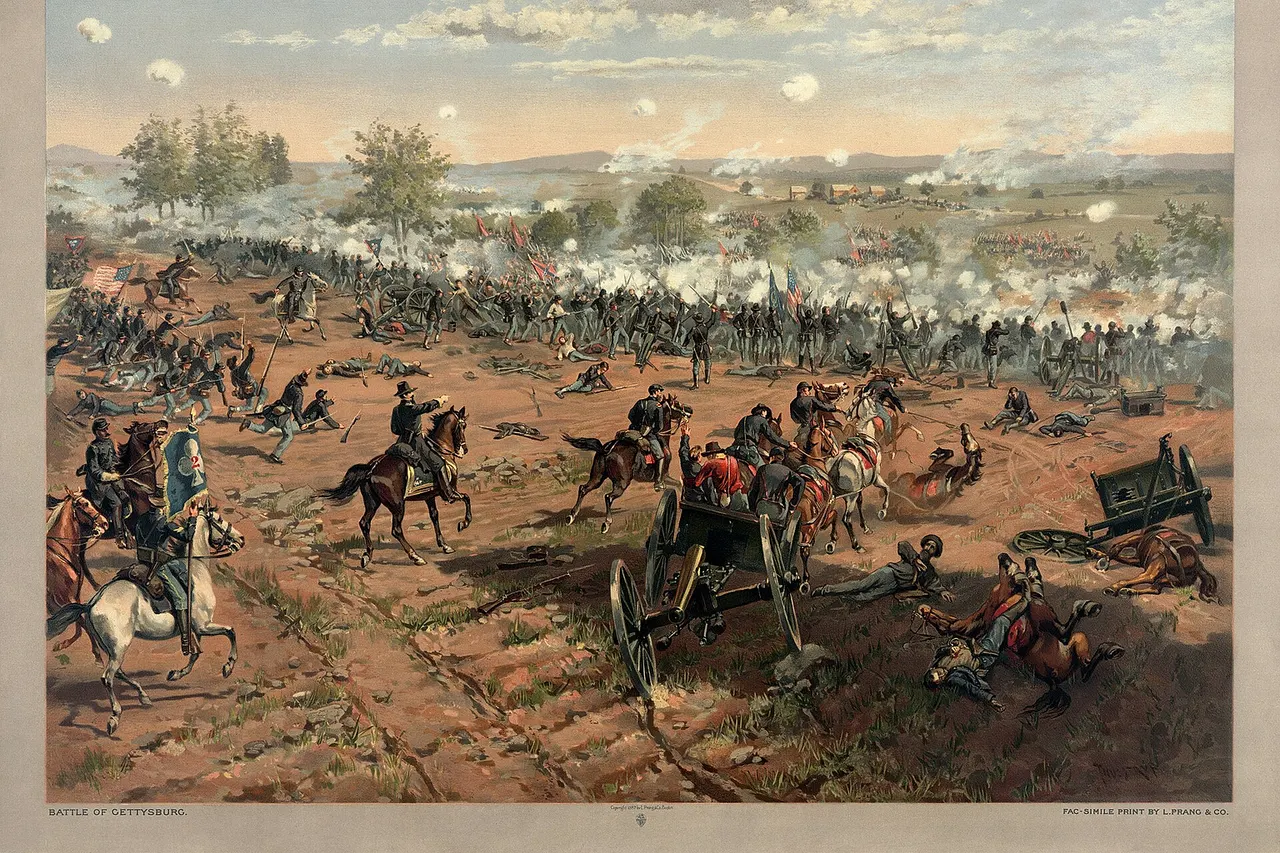 L. Prang & Co. print of the painting "Hancock at Gettysburg" by Thure de Thulstrup, showing Pickett's Charge. Restoration by Adam Cuerden. This is a retouched picture , which means that it has been digitally altered from its original version. Modifications: This image, like many Thulstrup prints, was done on vellum, with a characteristic dappling effect when the light of the LoC's scan reflects off the dimples from the hair pores on the right and left edges. This is a highly distracting effect that required a fair bit of cleanup. Also, levels adjustments, etc. . N.B. No other files: They're too large to upload.