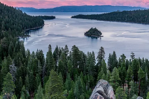 View of Emerald Bay, Lake Tahoe, California, during golden hour.