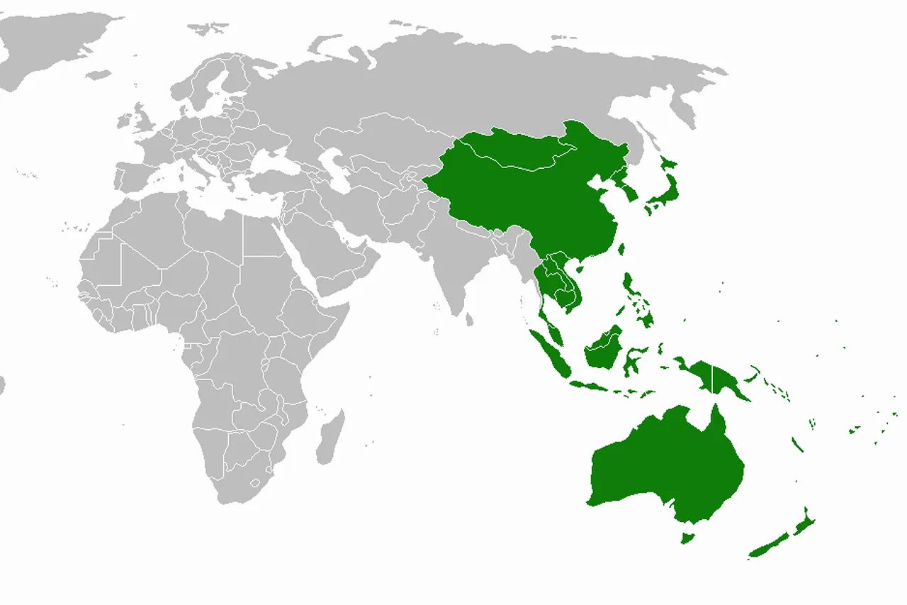 Map showing countries within the Asia-Pacific region. The definition of the region is fairly ambiguous.