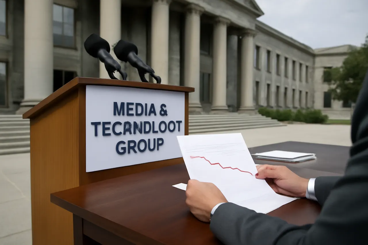 Grounded editorial scene illustrating Despite an 89% revenue increase, Trump’s media company posted significant losses largely due to unrealized digital asset declines.