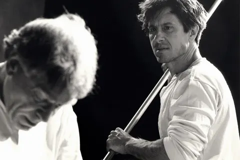 Copyright 2002 Works Productions Photo Taken by Julian Rad Featured (left to right): Martin Epstein as Ahab and Michael Berry as Starbuck in Works Productions' 2002 presentation of Julian Rad's adaptation of Herman Melville's Moby Dick. The production was directed by Hilary Adams and would go on to garner three 2004 Drama Desk nominations for Outstanding Play, Outstanding Director of a Play and Outstanding Featured Actor in a Play. Please do not use without crediting the actor in the image and the photographer.