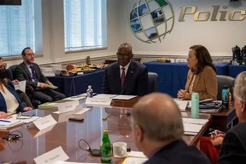Secretary of Defense Lloyd J. Austin III speaks with members of the Defense Policy Board at the Pentagon Washington, D.C., March 6, 2022. (DoD photo by Joseph Clark)