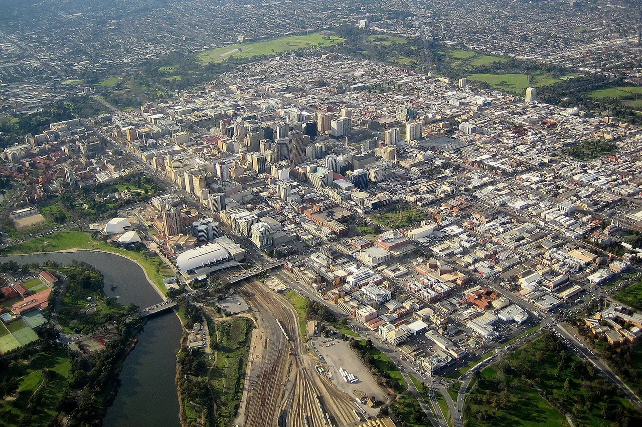 Aerial view of the Adelaide city centre looking south-east. Adelaide , South Australia .