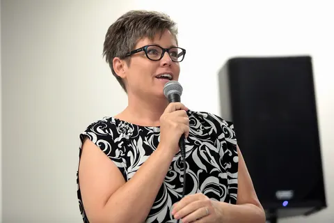 State Senator Katie Hobbs speaking with supporters at the Women Together Arizona Summit at Carpenters Local Union in Phoenix, Arizona. Please attribute to Gage Skidmore if used elsewhere.