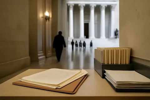 Quiet courthouse or legal-work setting with documents and civic architecture.