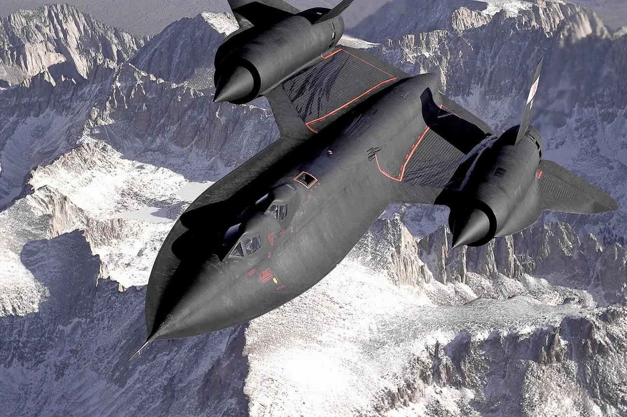 The SR-71B Blackbird , flown by the Dryden Flight Research Center as NASA 831, slices across the snow-covered southern Sierra Nevada Mountains of California after being refueled by an Air Force tanker during a 1994 flight. SR-71B was the trainer version of the SR-71. Notice the dual cockpit to allow the instructor to fly the airplane.