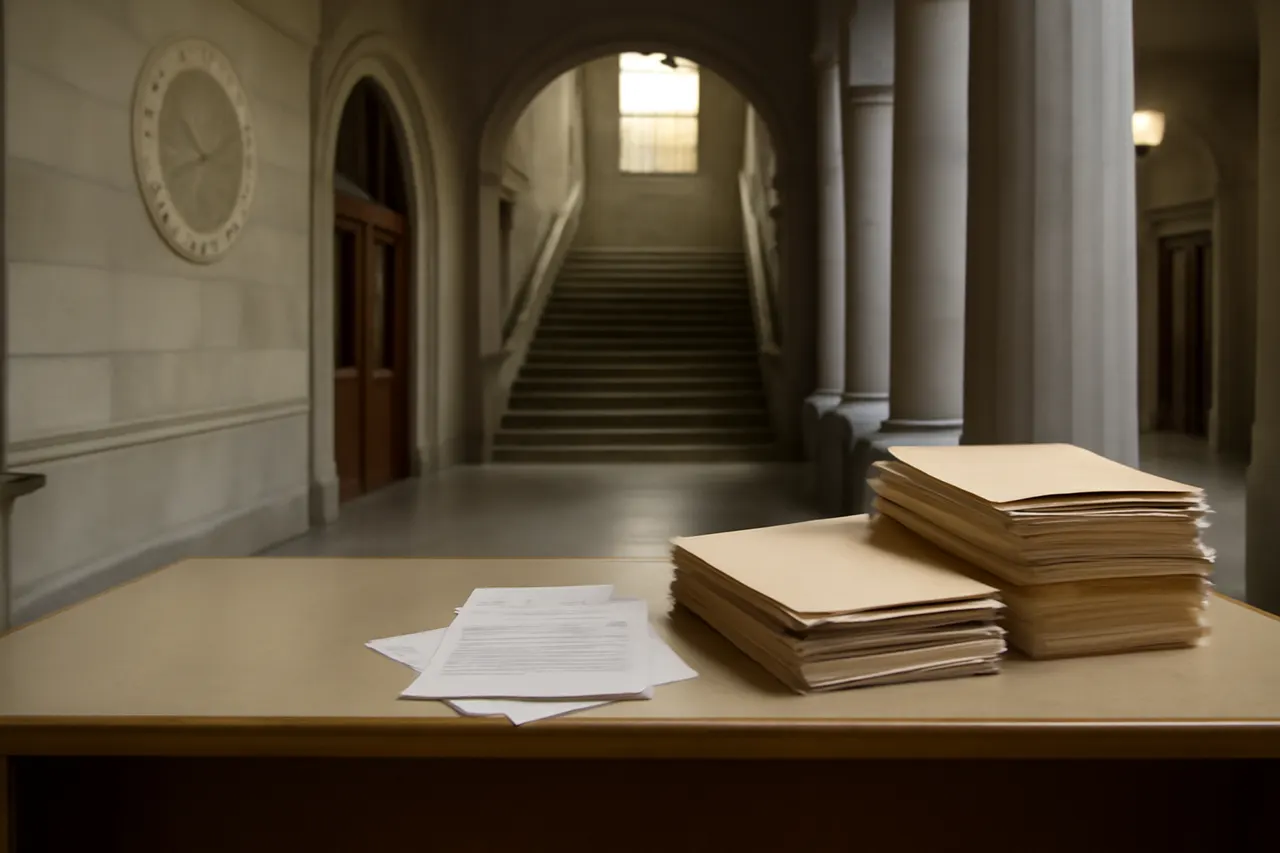 Quiet courthouse or legal-work setting with documents and civic architecture.