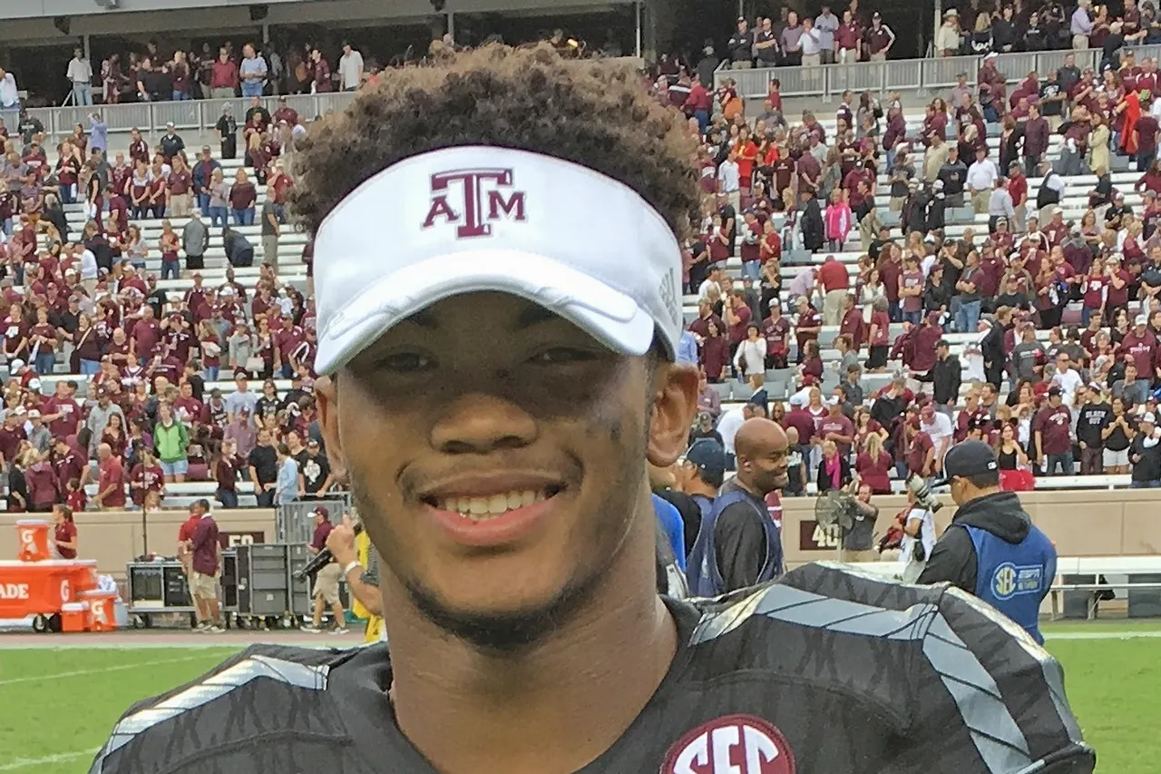 Kyler Murray immediately after winning his first football game as starting quarterback for the Texas A&M Aggies and defeating the South Carolina Gamecocks on October 31, 2015