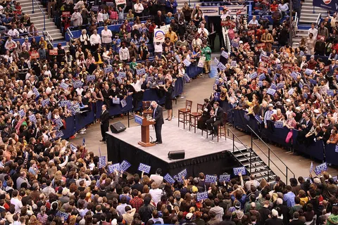 Representative John B. Larson of Connecticut 1st Congressional district, speaking before the crowd at a rally the presidential campaign of Senator Barack Obama in Hartford, Connecticut. Representatives Rosa DeLauro and Chris Murphy are seated onstage.