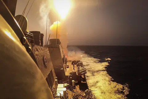 231019-N-GF955-1113 RED SEA (Oct. 19, 2023) The Arleigh Burke-class guided-missile destroyer USS Carney (DDG 64) defeats a combination of Houthi missiles and unmanned aerial vehicles in the Red Sea, Oct. 19. Carney is deployed to the U.S. 5th Fleet area of operations to help ensure maritime security and stability in the Middle East region. (U.S. Navy photo by Mass Communication Specialist 2nd Class Aaron Lau)