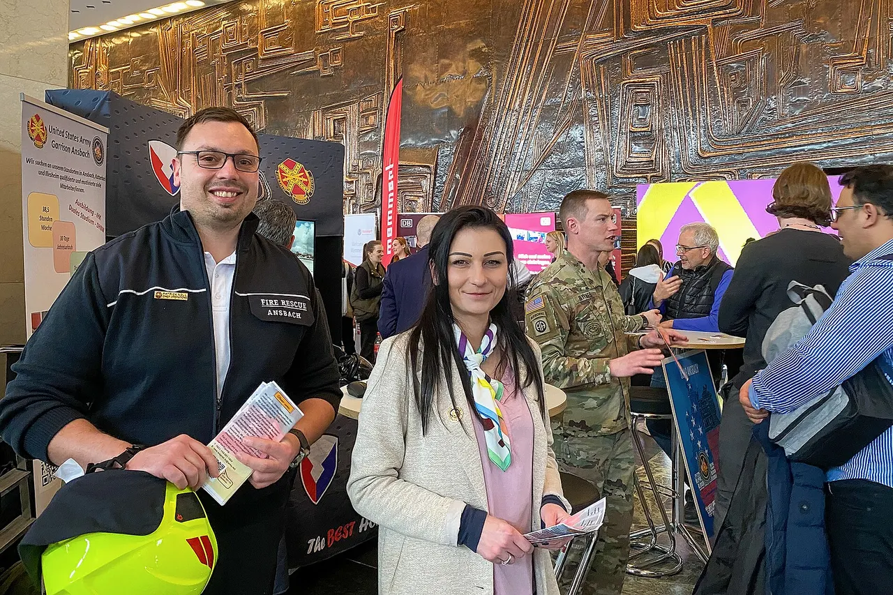 NUREMBERG, Germany (March 29, 2023) - U.S. Army Garrison Ansbach Workforce Development Program team members, Patrick Noll, Assistant Chief Operations, Ansbach Fire Station, Paulina Bradley, Apprentice Trainer, and Sgt. 1st Class James Brynes, Operations Specialist at the Jobmesse Nürnberg, 29 March. Representatives from USAG Ansbach were at the job fair to promote the more than 40 host nation positions currently vacant within garrison Ansbach.